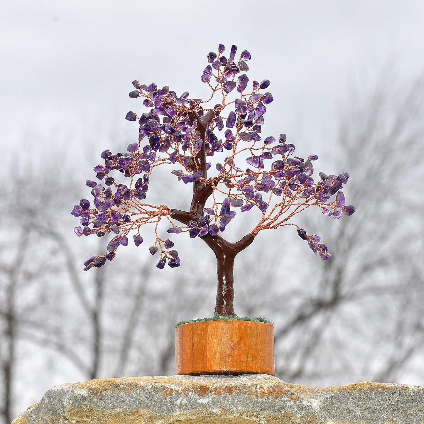 Ever Vibes Amethyst Chakra Gemstone Money Tree of Life with Necklace - Spiritual Decor, Feng Shui Healing Crystal, Handmade Tree Figurine Gift for Good Luck, Fortune, Wealth, Home Office Desk Decor