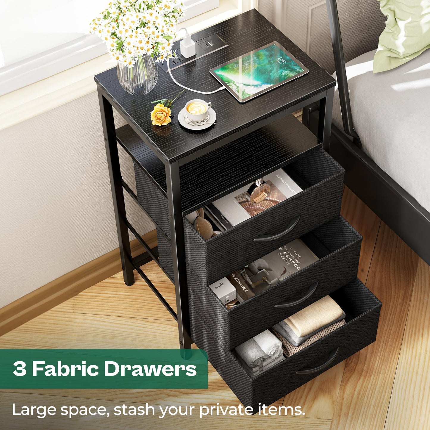 Huuger Nightstand with Charging Station, Side Table with Fabric Drawers, End Table with Open Shelf, Bedside Table with USB Ports and Outlets, Night Stand for Bedroom, Rustic Brown and Black