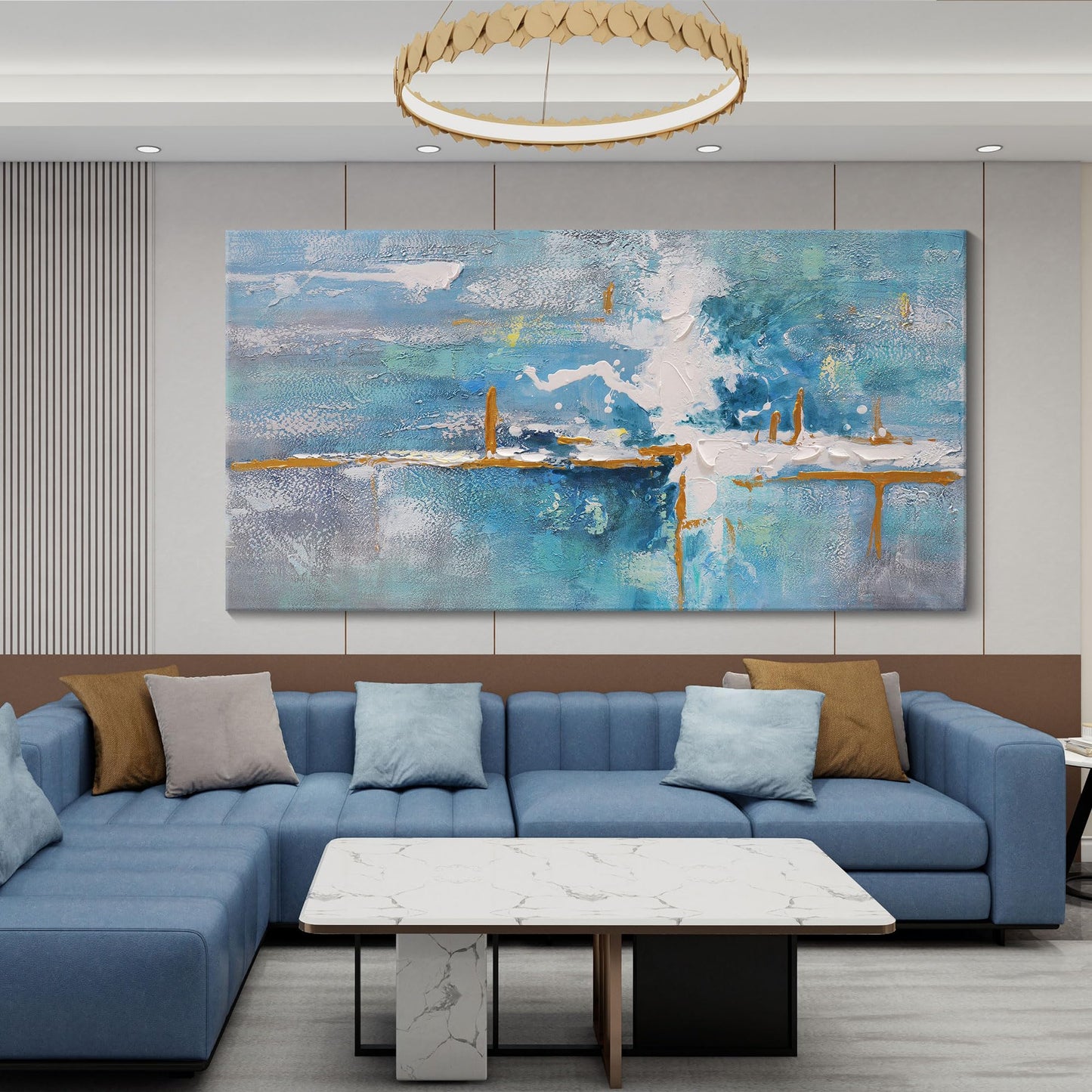 yiijeah Wall Art for Living Room - Framed Picture Artwork for Walls - Blue Wall Art 24x48 Inches Contemporary Abstract Wall Art Prints Canvas Painting Large Size Wall Art for Bedroom Office