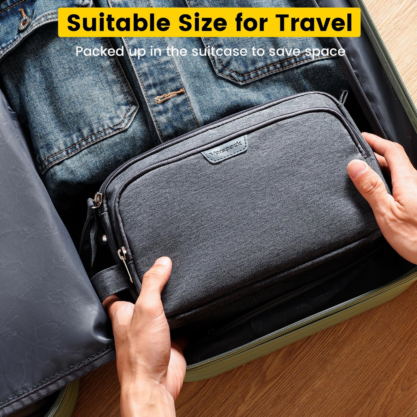 Vorspack Travel Toiletry Bag for Men - Water Resistant Mens Toiletry Travel Bag Dopp Kit Shaving Bag for Bathroom Toiletries Gifts - Grey