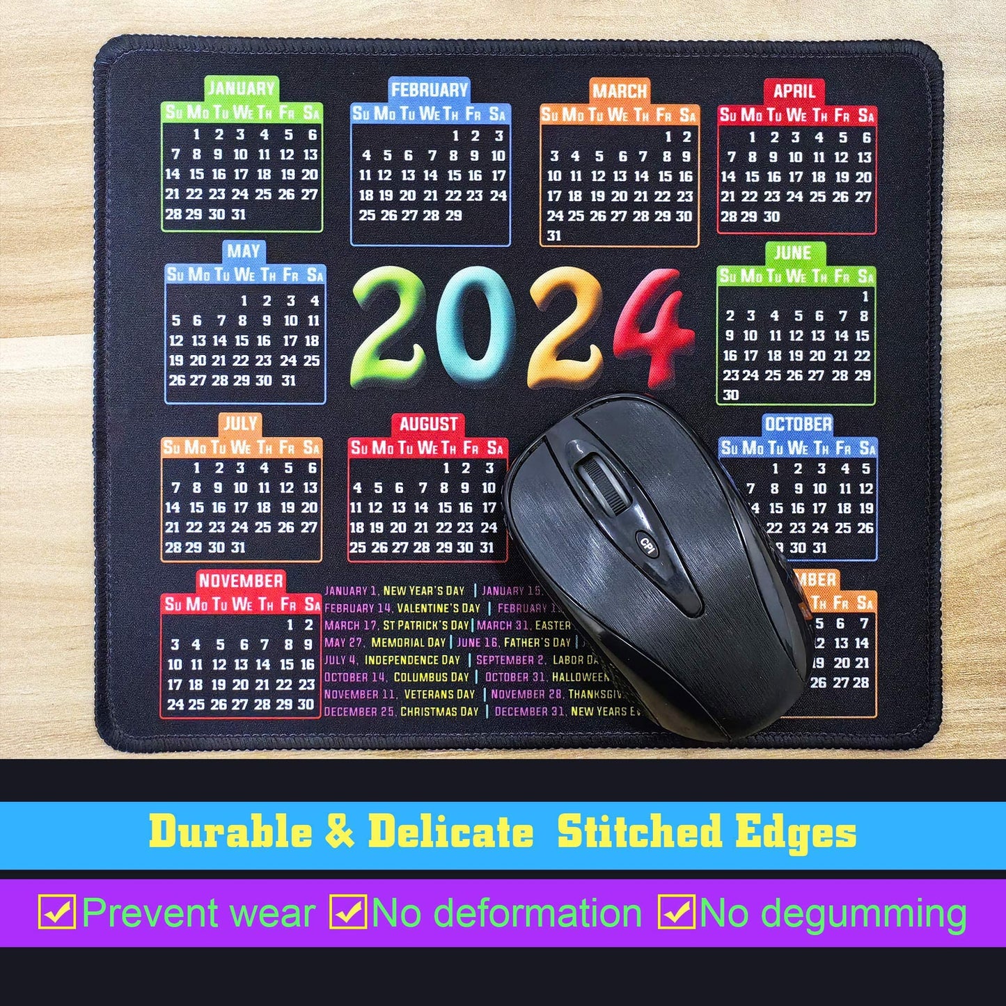 Mouse Pad with Stitched Edge, Computer Mouse Pad with Non-Slip Rubber Base, Mouse Pads for Computers Laptop Mouse 9.6x7.9x0.1 inch, (2025 Calendar Black)