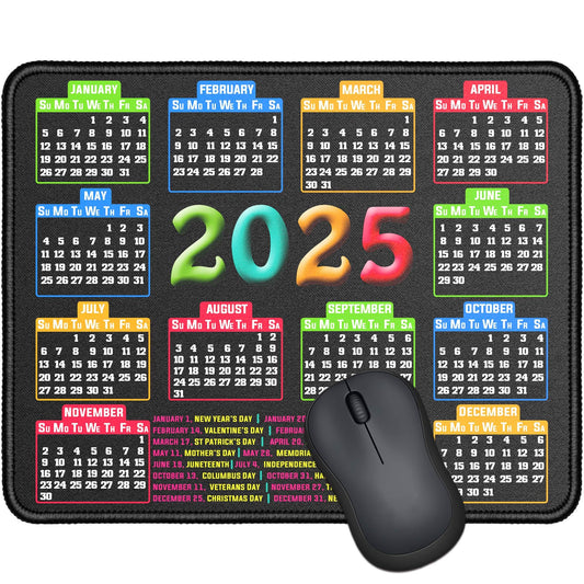 Mouse Pad with Stitched Edge, Computer Mouse Pad with Non-Slip Rubber Base, Mouse Pads for Computers Laptop Mouse 9.6x7.9x0.1 inch, (2025 Calendar Black)