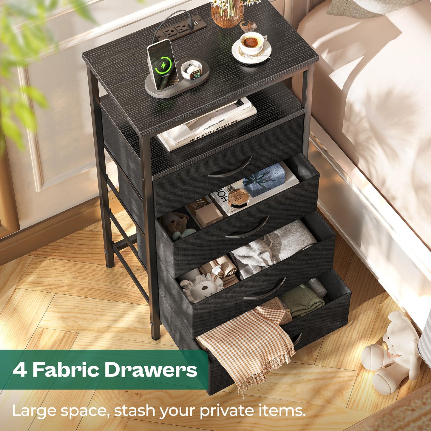 Huuger Nightstand with Charging Station, Side Table with Fabric Drawers, End Table with Open Shelf, Bedside Table with USB Ports and Outlets, Night Stand for Bedroom, Rustic Brown and Black