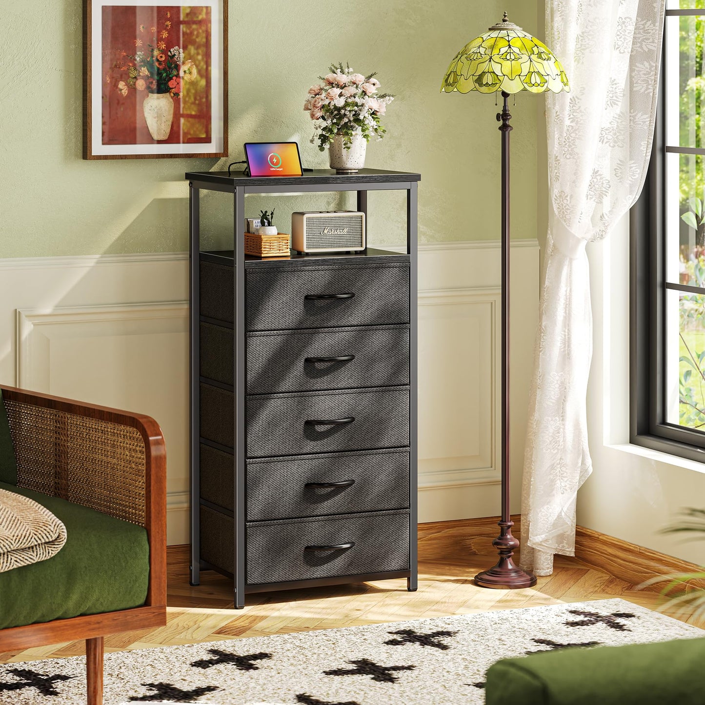 Huuger Nightstand with Charging Station, Side Table with Fabric Drawers, End Table with Open Shelf, Bedside Table with USB Ports and Outlets, Night Stand for Bedroom, Rustic Brown and Black