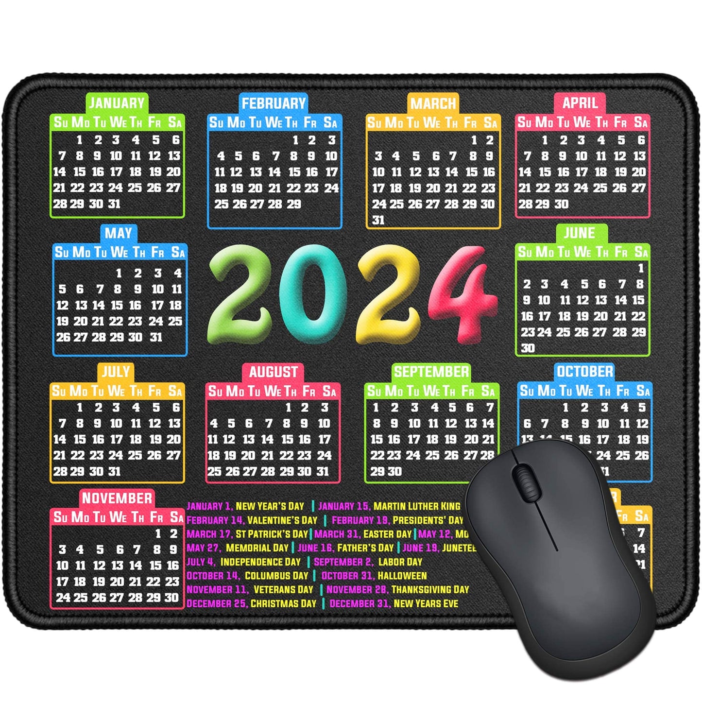 Mouse Pad with Stitched Edge, Computer Mouse Pad with Non-Slip Rubber Base, Mouse Pads for Computers Laptop Mouse 9.6x7.9x0.1 inch, (2025 Calendar Black)