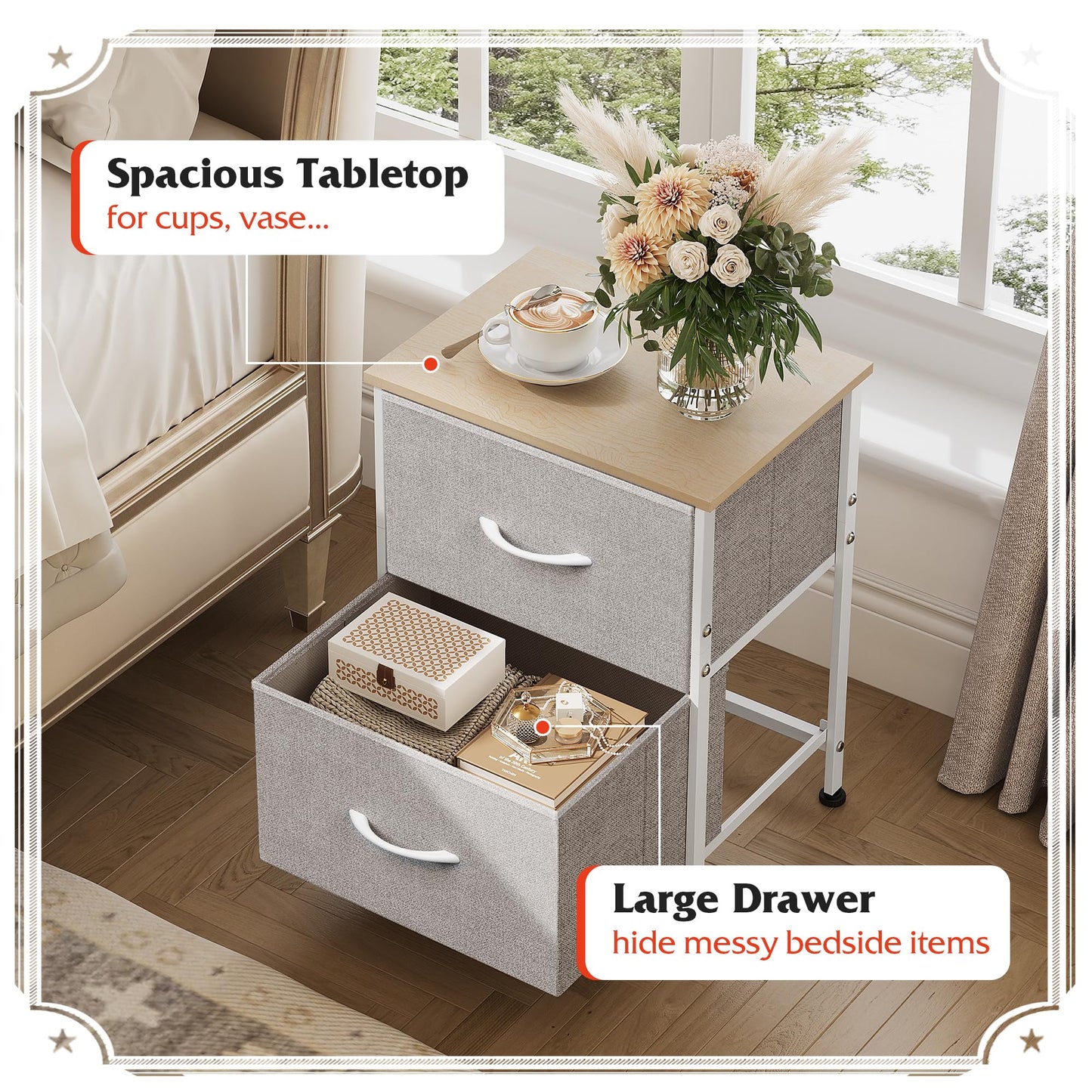 WLIVE Nightstand, 2 Drawer Dresser for Bedroom, Small Dresser with 2 Drawers, Bedside Furniture, Night Stand, End Table with Fabric Bins for Bedroom, Closet, Entryway, College Dorm, Dark Grey