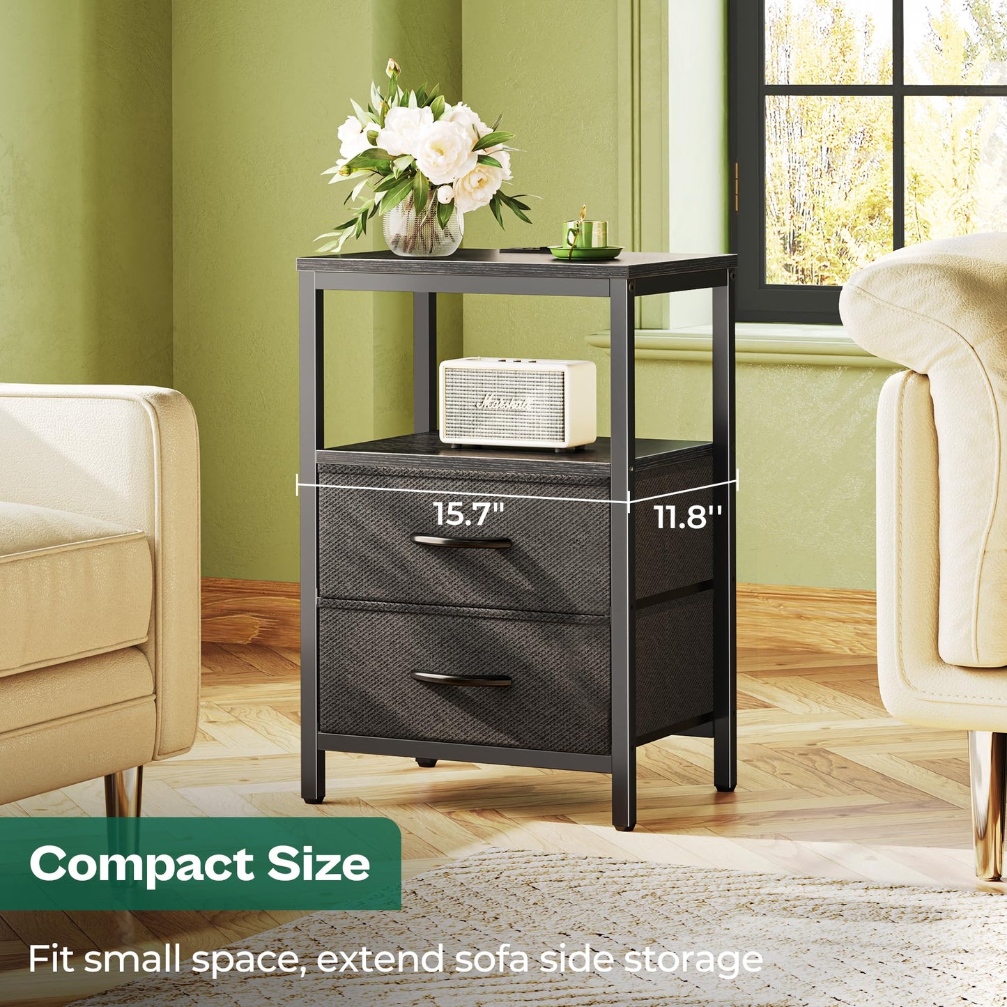 Huuger Nightstand with Charging Station, Side Table with Fabric Drawers, End Table with Open Shelf, Bedside Table with USB Ports and Outlets, Night Stand for Bedroom, Rustic Brown and Black